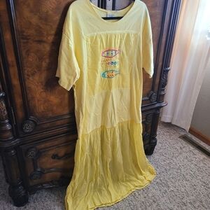 Johnny Was Vintage Yellow Cotton T-Shirt Dress With Colorful Embroidered Fish